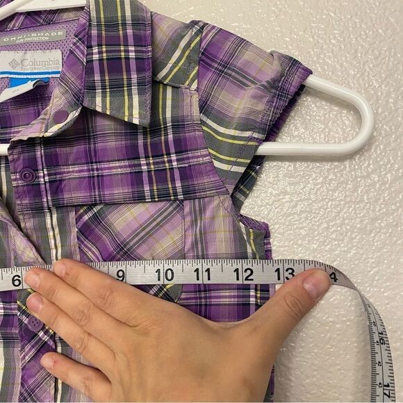 Columbia girls Youth Purple plaid cap sleeve Omni Shade button snap shirt 6X - Picture 7 of 8